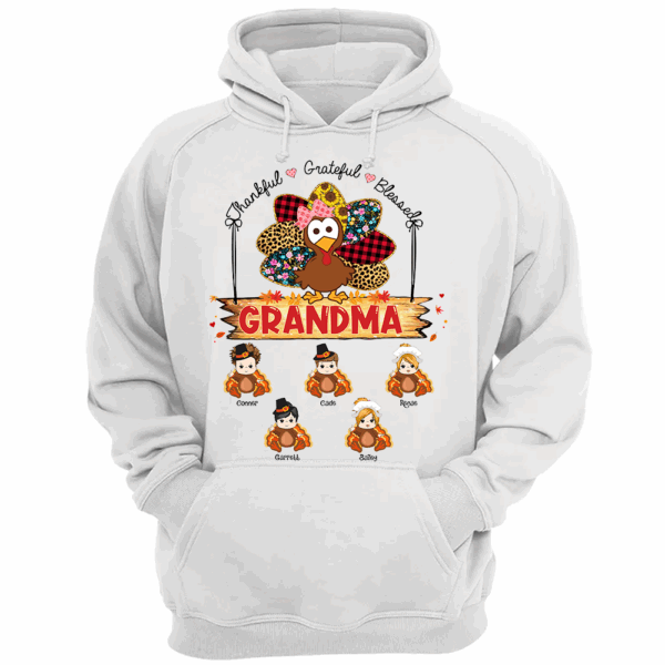 Custom Thankful Grateful Blessed Grandma Turkey Shirt - Custom Thanksgiving Shirt For Family - Image 5