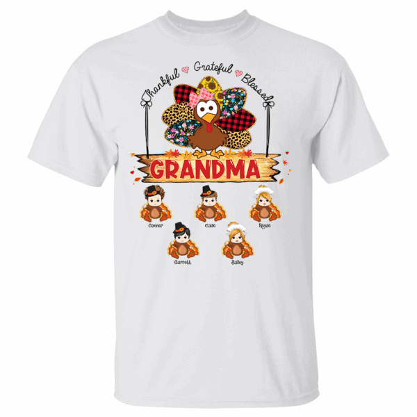 Custom Thankful Grateful Blessed Grandma Turkey Shirt - Custom Thanksgiving Shirt For Family - Image 3