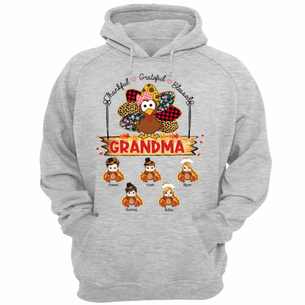 Custom Thankful Grateful Blessed Grandma Turkey Shirt - Custom Thanksgiving Shirt For Family - Image 6