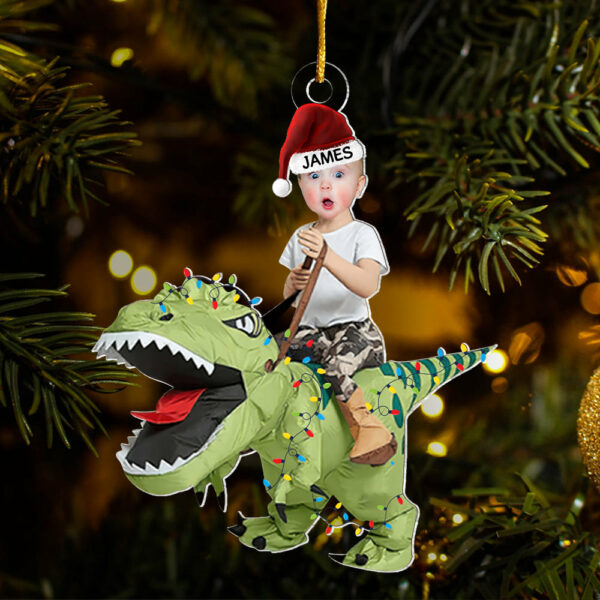 Cute Kid Rides The Dinosaur Kid Photo Acrylic Ornaments, Christmas Gift, Custom Photo Ornament, Funny Ornament - Image 2