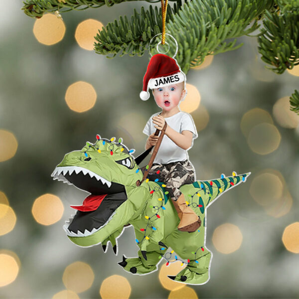 Cute Kid Rides The Dinosaur Kid Photo Acrylic Ornaments, Christmas Gift, Custom Photo Ornament, Funny Ornament - Image 3