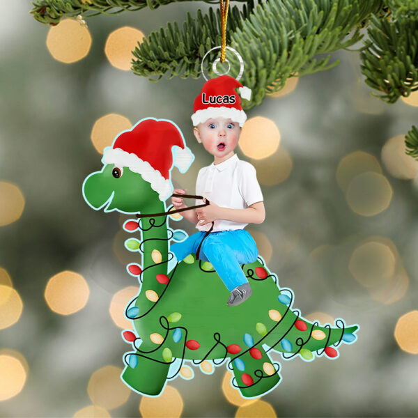 Cute Kid Rides The Dinosaur Kid Photo Personalized Acrylic Photo Ornament, Christmas Gift, Custom Photo Ornament, Funny Ornament - Image 3