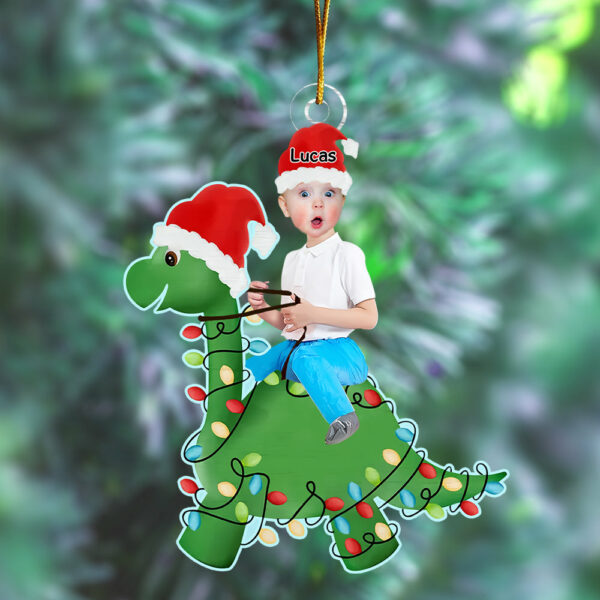 Cute Kid Rides The Dinosaur Kid Photo Personalized Acrylic Photo Ornament, Christmas Gift, Custom Photo Ornament, Funny Ornament - Image 4