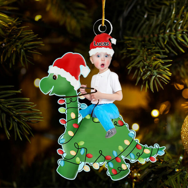 Cute Kid Rides The Dinosaur Kid Photo Personalized Acrylic Photo Ornament, Christmas Gift, Custom Photo Ornament, Funny Ornament - Image 2