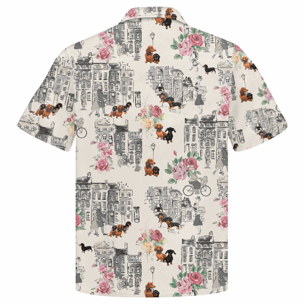 Dachshund Walking With Woman In Urban Hawaiian Shirt - Image 2