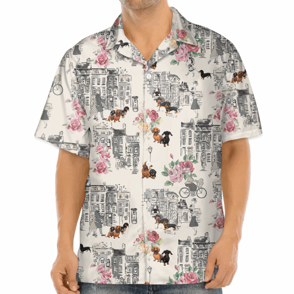 Dachshund Walking With Woman In Urban Hawaiian Shirt - Image 3