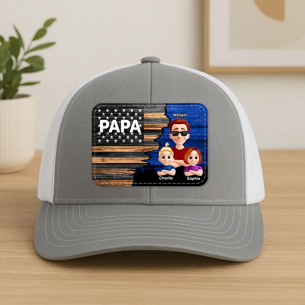 Dad Grandpa Papa With Kids Half Nation Flag Personalized Leather Patch Hat, Father's Day Gift For Dad T1807