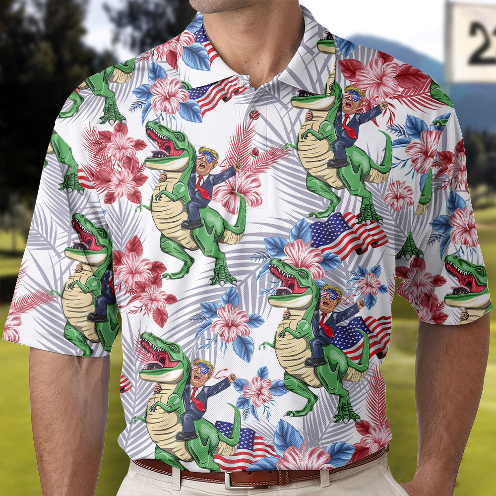 Funny Dinosaur American Flag Polo Shirt, Voting Felon Independence Day Shirt