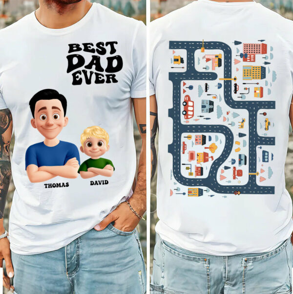 Funny Tired Dad - Baby Plays Cars On Dad's Back Mat Road - Personalized Shirt For Dad Grandpa NA04