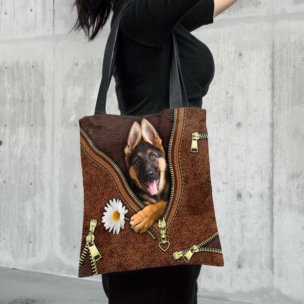 German Shepherd Holding Daisy Flower Leather Pattern Tote Bag Cute German Shepherd Daisy Flower Tote Bag - Image 2