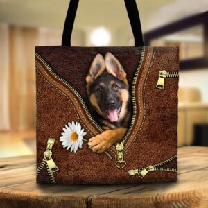 German Shepherd Holding Daisy Flower Leather Pattern Tote Bag Cute German Shepherd Daisy Flower Tote Bag
