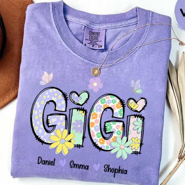 Gigi Purple Floral Shirt - Custom Nickname Grandma Nana Mimi & Kid Names NA04
