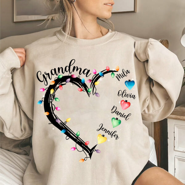Grandma And Grandkids Christmas Light Personalized Shirts, Nickname And Names Can Be Changed