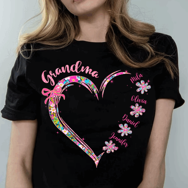 Grandma Heart Glitter Shirt - Custom Flower Shirt For Nana Mimi Gigi - Personalized Kid Names NA04