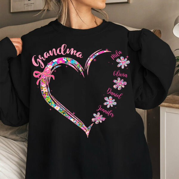 Grandma Heart Glitter Shirt - Custom Flower Shirt For Nana Mimi Gigi - Personalized Kid Names NA04 - Image 2
