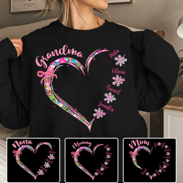 Grandma Heart Glitter Shirt - Custom Flower Shirt For Nana Mimi Gigi - Personalized Kid Names NA04