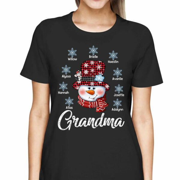 Grandma Snowman And Snowflakes Winter Christmas T-Shirt, Funny Grandma Nana Mimi Christmas Shirt, Custom Grandma With Grandkids Name Shirt - Image 2