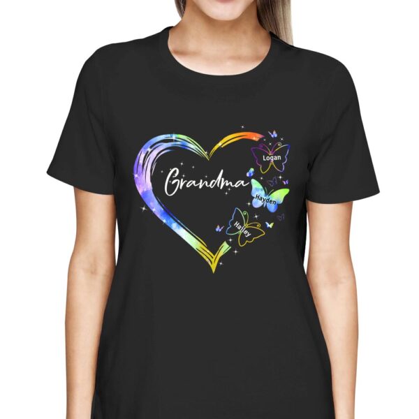 Grandma With Grandkid's Name Shirt, Heart Floral Butterflies Shirts Gift For Grandmas - Image 3
