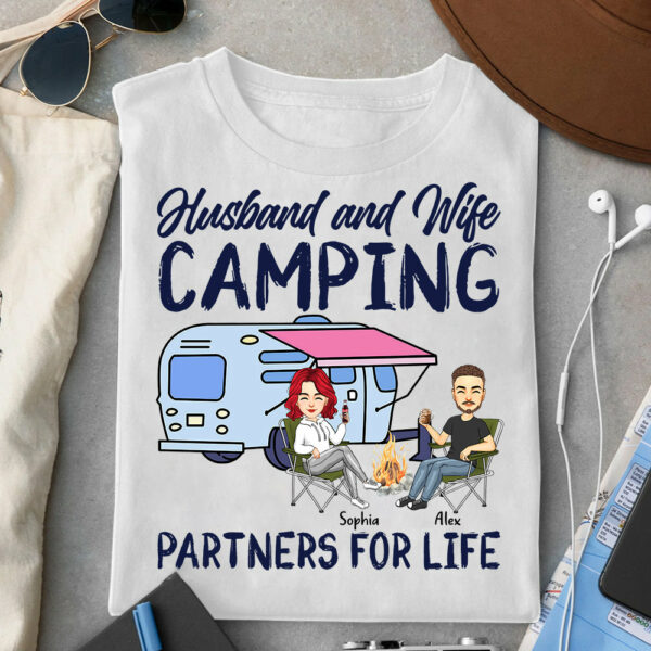 Husband and Wife Camping Partners For Life - Personalized Shirt For Couple, Camping Lovers