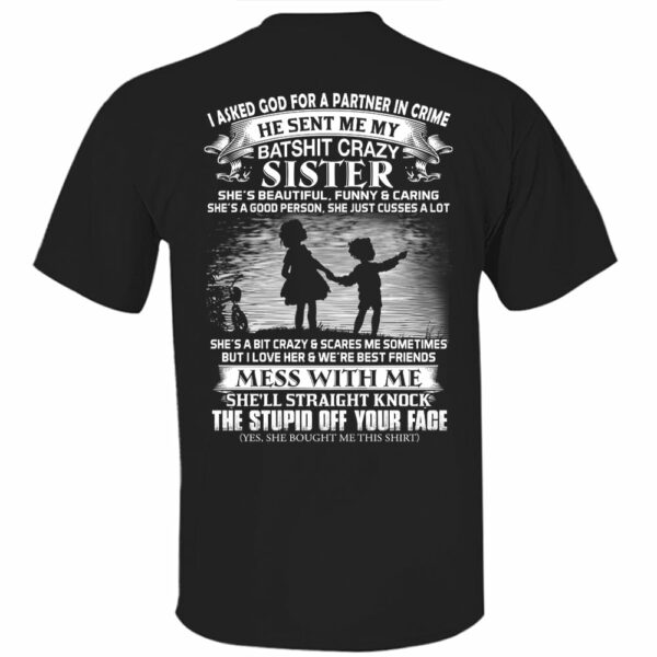 I Asked God For A Partner In Crime He Sent Me My Batshit Crazy Sister Shirt Perfect Gift For Sister & Brother - Image 6