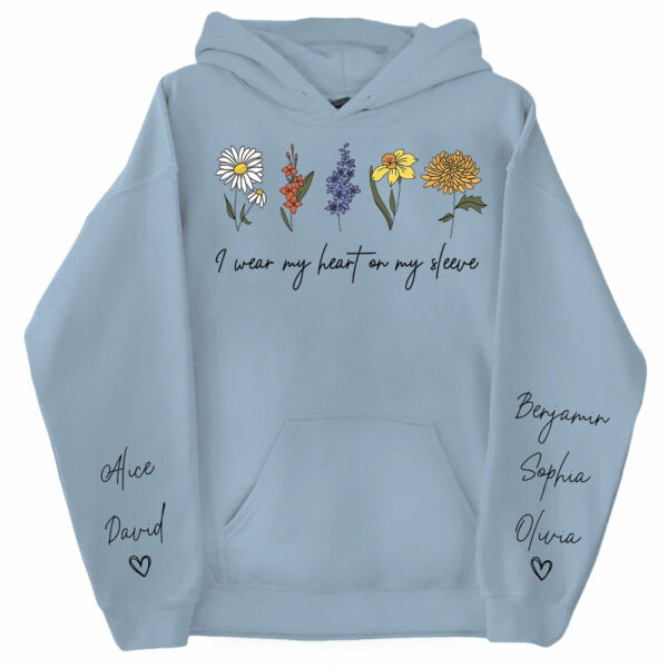I Wear My Heart On My Sleeve Sweatshirt, Personalize Mom Gift Sweatshirt, Birth Month Flower Gift for Grandma, Gigi Gift, Granny Gift - Image 10