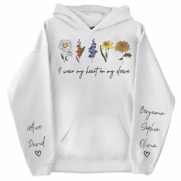 I Wear My Heart On My Sleeve Sweatshirt, Personalize Mom Gift Sweatshirt, Birth Month Flower Gift for Grandma, Gigi Gift, Granny Gift - Image 8