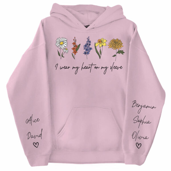 I Wear My Heart On My Sleeve Sweatshirt, Personalize Mom Gift Sweatshirt, Birth Month Flower Gift for Grandma, Gigi Gift, Granny Gift - Image 9