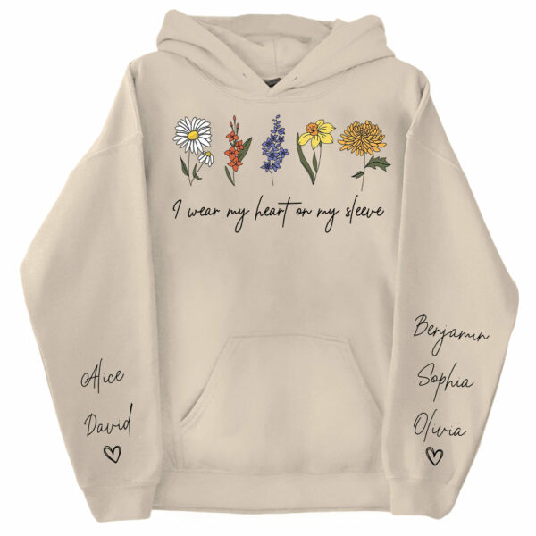 I Wear My Heart On My Sleeve Sweatshirt, Personalize Mom Gift Sweatshirt, Birth Month Flower Gift for Grandma, Gigi Gift, Granny Gift - Image 2