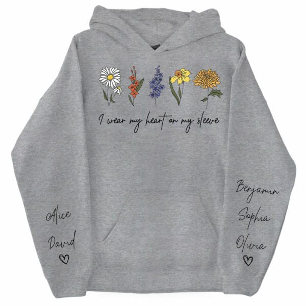 I Wear My Heart On My Sleeve Sweatshirt, Personalize Mom Gift Sweatshirt, Birth Month Flower Gift for Grandma, Gigi Gift, Granny Gift - Image 11