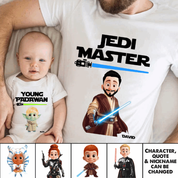 Jedi Master Young Padawan - Personalized Matching Shirts For Dad and Children