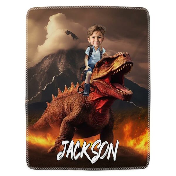 Little Boy Riding Dinosaur - Personalized Kid Photo Blanket - Image 3