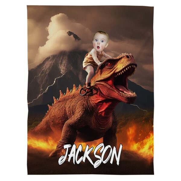 Little Boy Riding Dinosaur - Personalized Kid Photo Blanket - Image 4