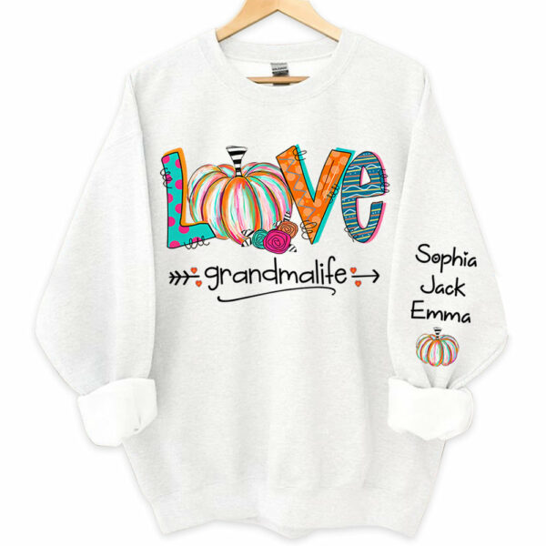 Love Grandma Life Pumpkins Grandkids Name Sweatshirt - Image 2