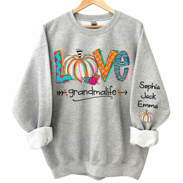 Love Grandma Life Pumpkins Grandkids Name Sweatshirt - Image 3