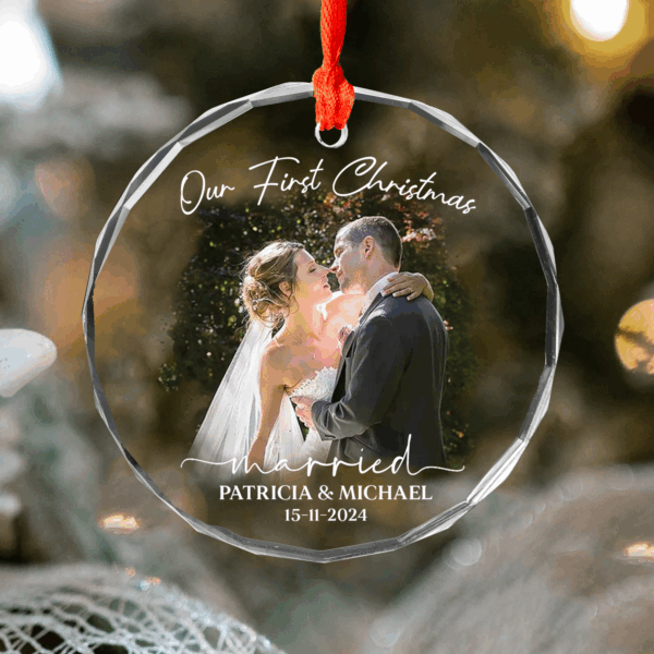 Luxury Watercolor Style Ornament First Christmas Married - Married Photo Ornament - Image 3