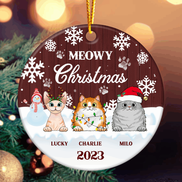 Meowy Christmas - Christmas Gift For Cat Lovers - Personalized Custom Circle Ceramic Ornament Ceramic - Image 2