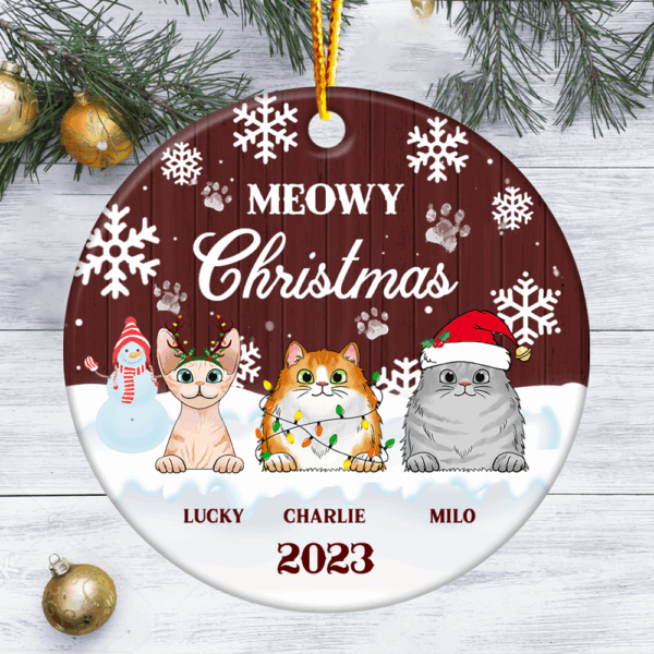 Meowy Christmas - Christmas Gift For Cat Lovers - Personalized Custom Circle Ceramic Ornament Ceramic - Image 3