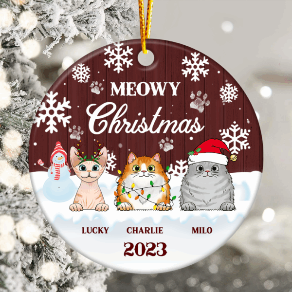 Meowy Christmas - Christmas Gift For Cat Lovers - Personalized Custom Circle Ceramic Ornament Ceramic