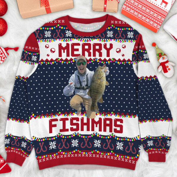 Merry Fishmas Gift For Fishing Lovers - Personalized Photo Ugly Sweater