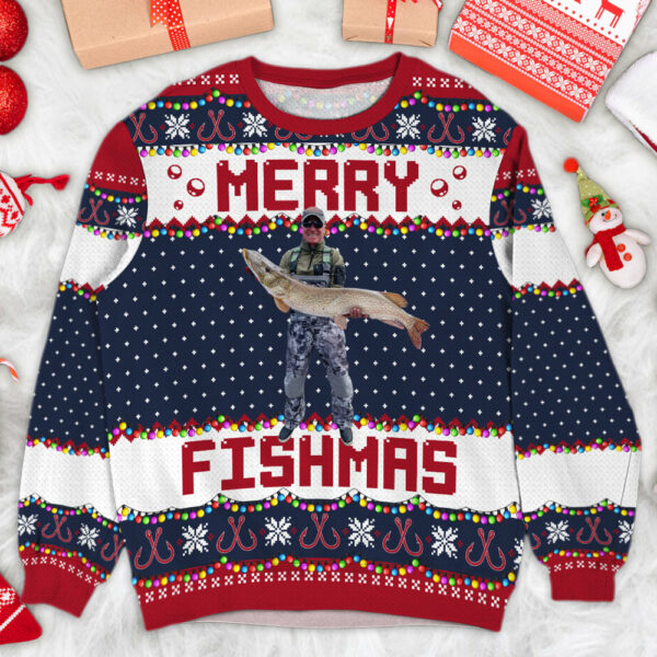 Merry Fishmas Gift For Fishing Lovers - Personalized Photo Ugly Sweater - Image 4