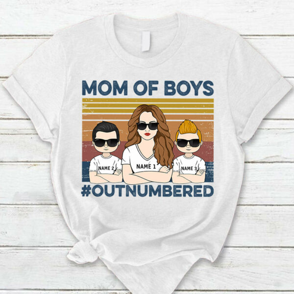 Mom Of Boys Outnumbered Hashtag Personalized T-Shirt Funny Mom With Kids Names T-Shirt Gift For Mom