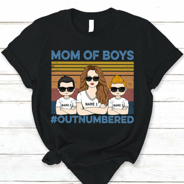 Mom Of Boys Outnumbered Hashtag Personalized T-Shirt Funny Mom With Kids Names T-Shirt Gift For Mom - Image 2