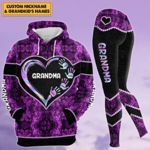 Nana Heart Handprints Hologram Personalized All Over Print Shirt, 3D Hoodie, Tank Top And Legging Set For Grandma