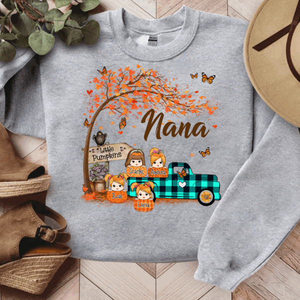Nana's Little Pumpkins Autumn Truck Personalized Sweatshirt With Grandkids Names - Image 3