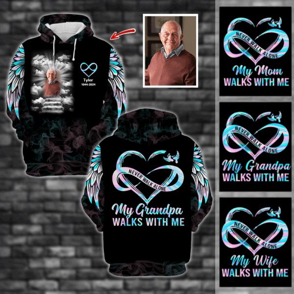 Never Walk Alone My Love Walks With Me - Personalized Photo All Over Print Memorial Shirt