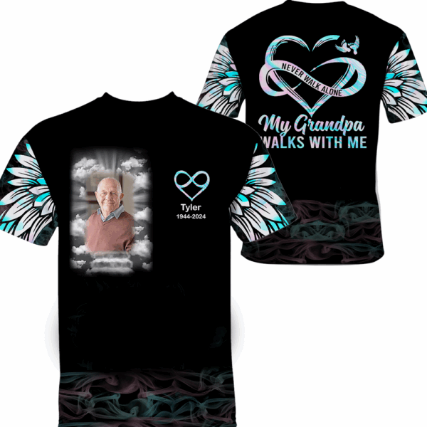 Never Walk Alone My Love Walks With Me - Personalized Photo All Over Print Memorial Shirt - Image 3