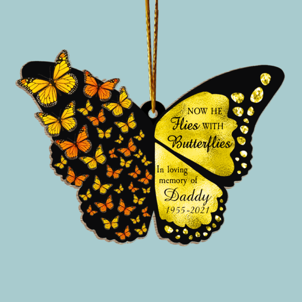 Now She Flies With Butterflies - Memorial Gift - Personalized Custom Luxury Butterfly Clip Arts Wooden Ornament - Image 4