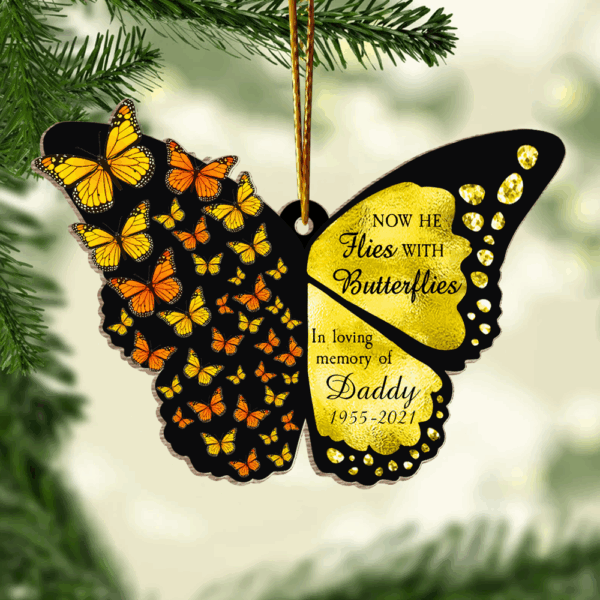 Now She Flies With Butterflies - Memorial Gift - Personalized Custom Luxury Butterfly Clip Arts Wooden Ornament - Image 3
