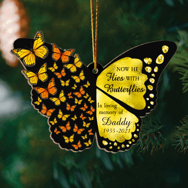 Now She Flies With Butterflies - Memorial Gift - Personalized Custom Luxury Butterfly Clip Arts Wooden Ornament - Image 2