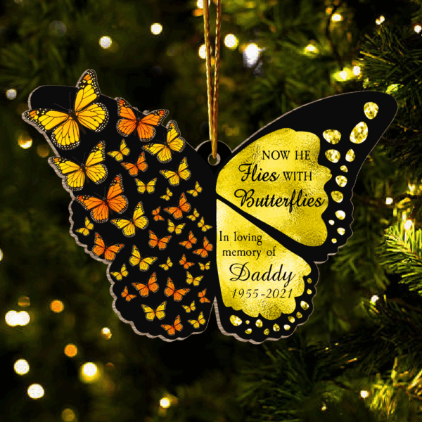 Now She Flies With Butterflies - Memorial Gift - Personalized Custom Luxury Butterfly Clip Arts Wooden Ornament - Image 5